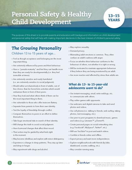 Child Development Safety Sheet (13-15 years)