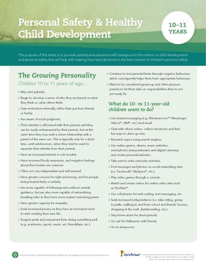 Child Development Safety Sheet (10-11 years)